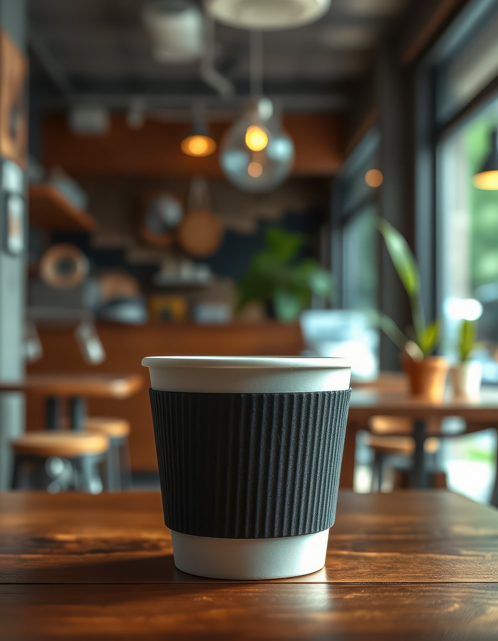 Cozy coffee shop atmosphere with a black cup in focus on a wooden table near large windows